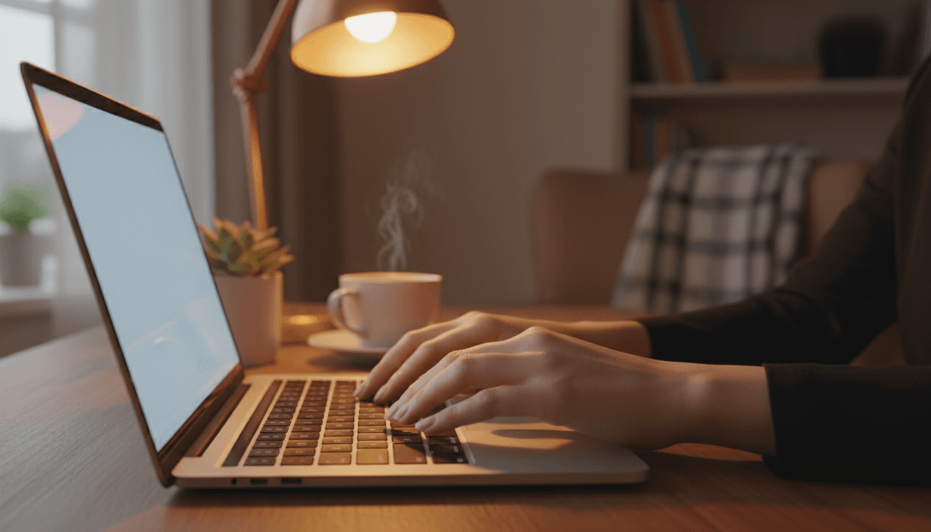Hands typing on laptop in a warm home office space