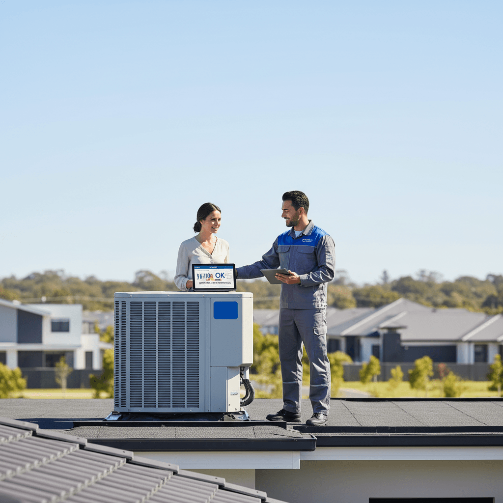 HVAC technician explaining AC system to homeowner