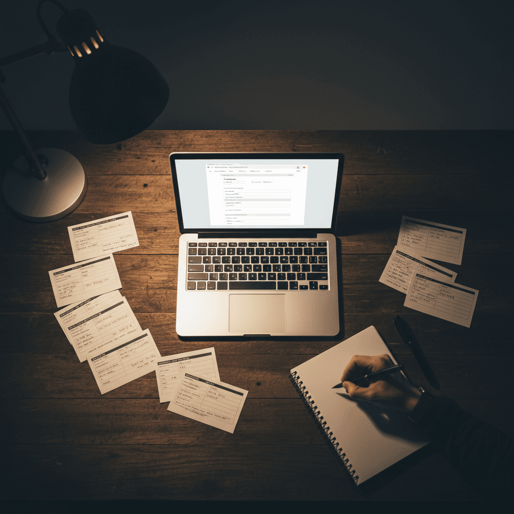 Desk workspace showing lead capture forms and processing