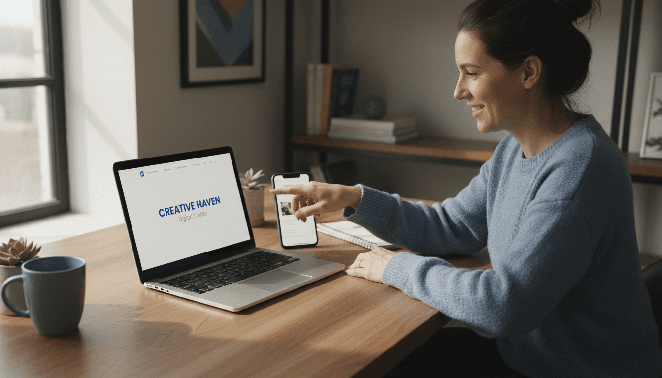 Local service business owner viewing their professional website on laptop and mobile