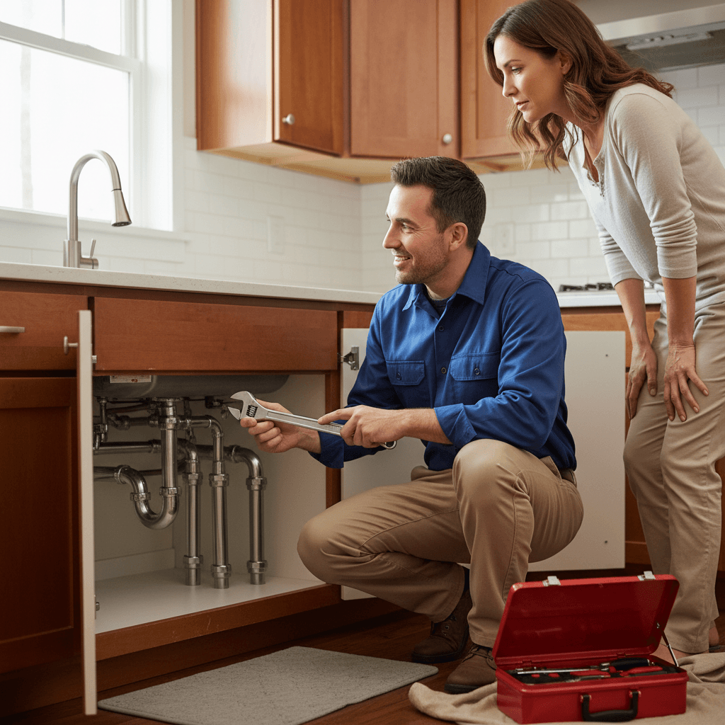 Plumber explaining repair work to homeowner