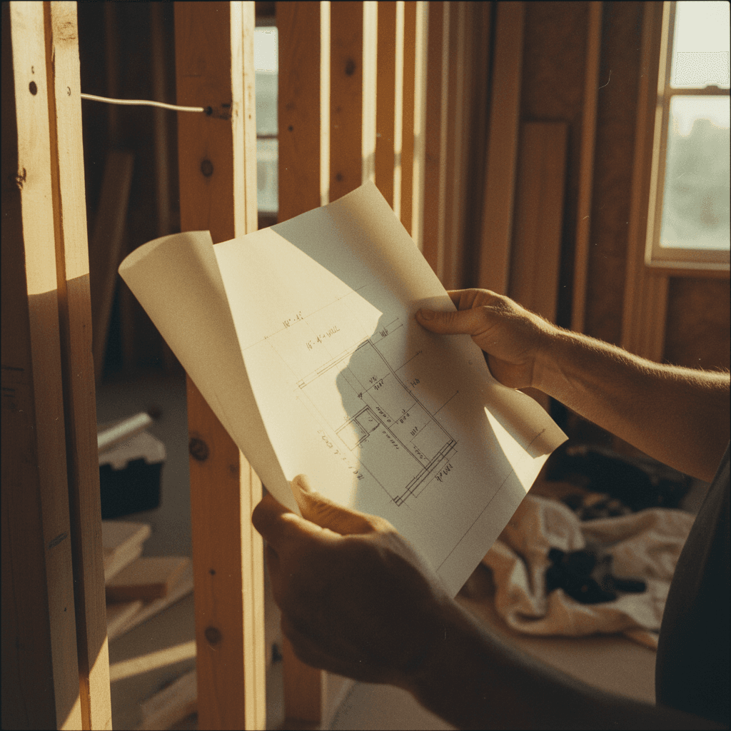 Contractor reviewing blueprint measurements on wall framing