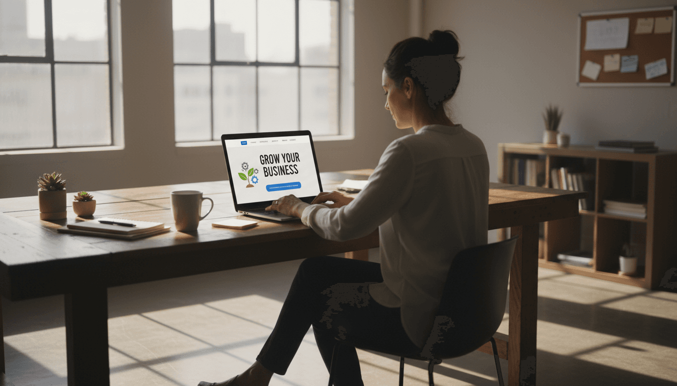 Small business owner viewing their professional website on laptop