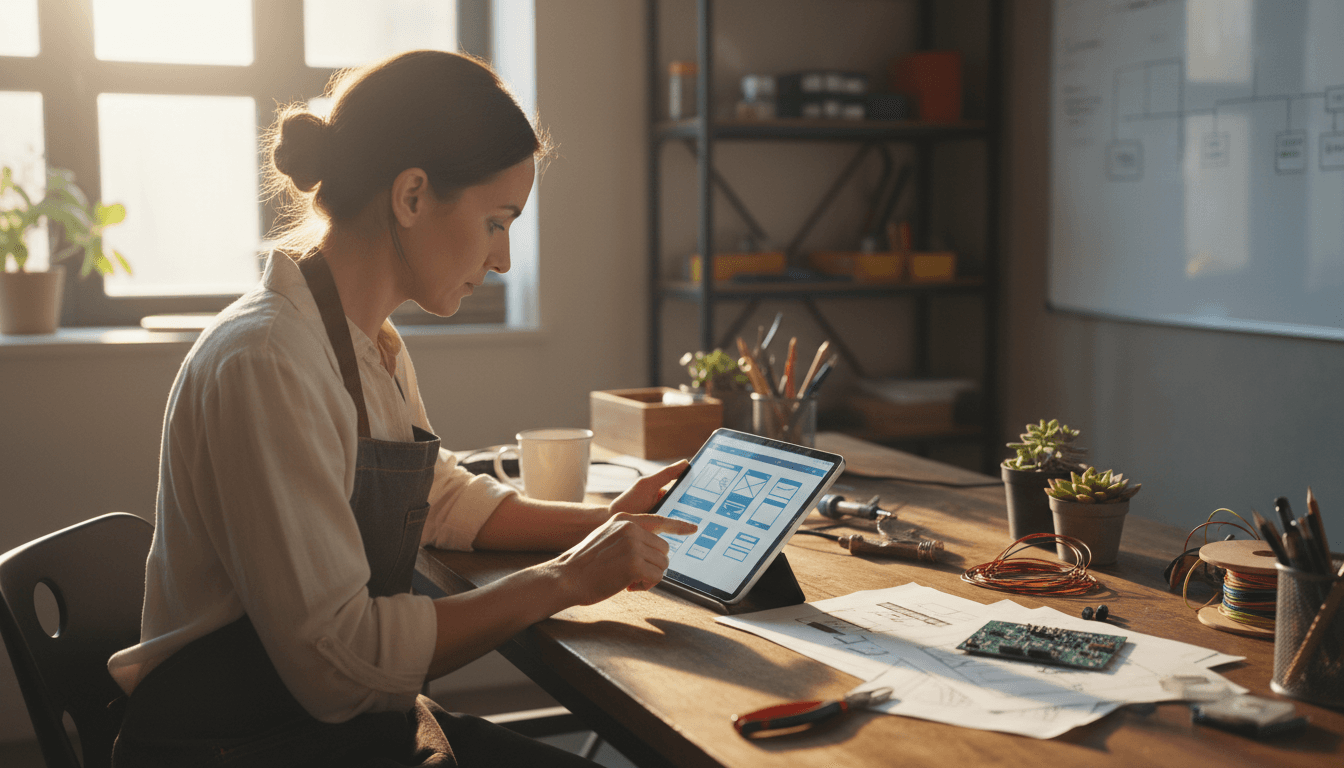 Small business owner reviewing website plans on a tablet