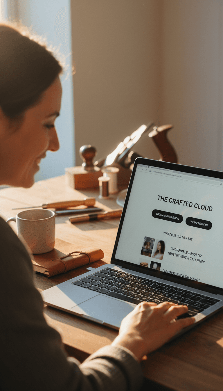 Service business owner reviewing their professional website on a laptop