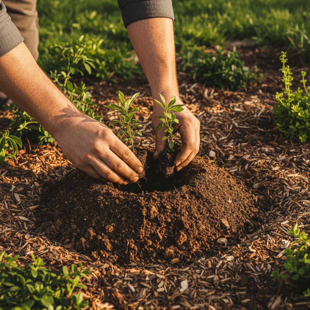 Landscaper planting native plants in garden bed